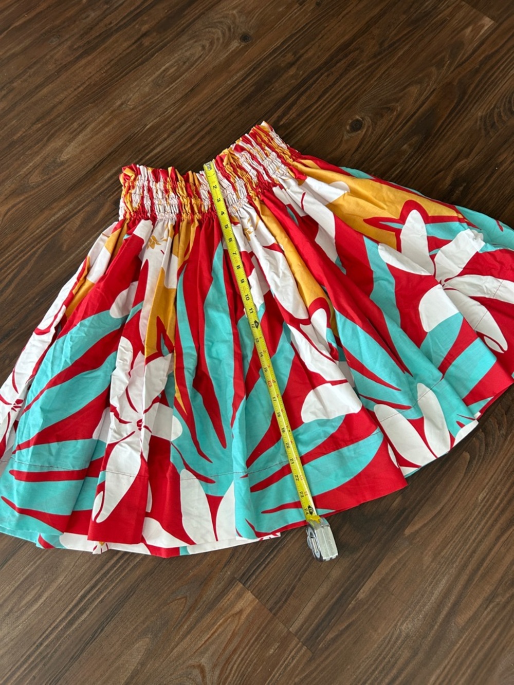 Hawaiian Hula Pau skirt. Bright Tropical Print in Red, Teal & White